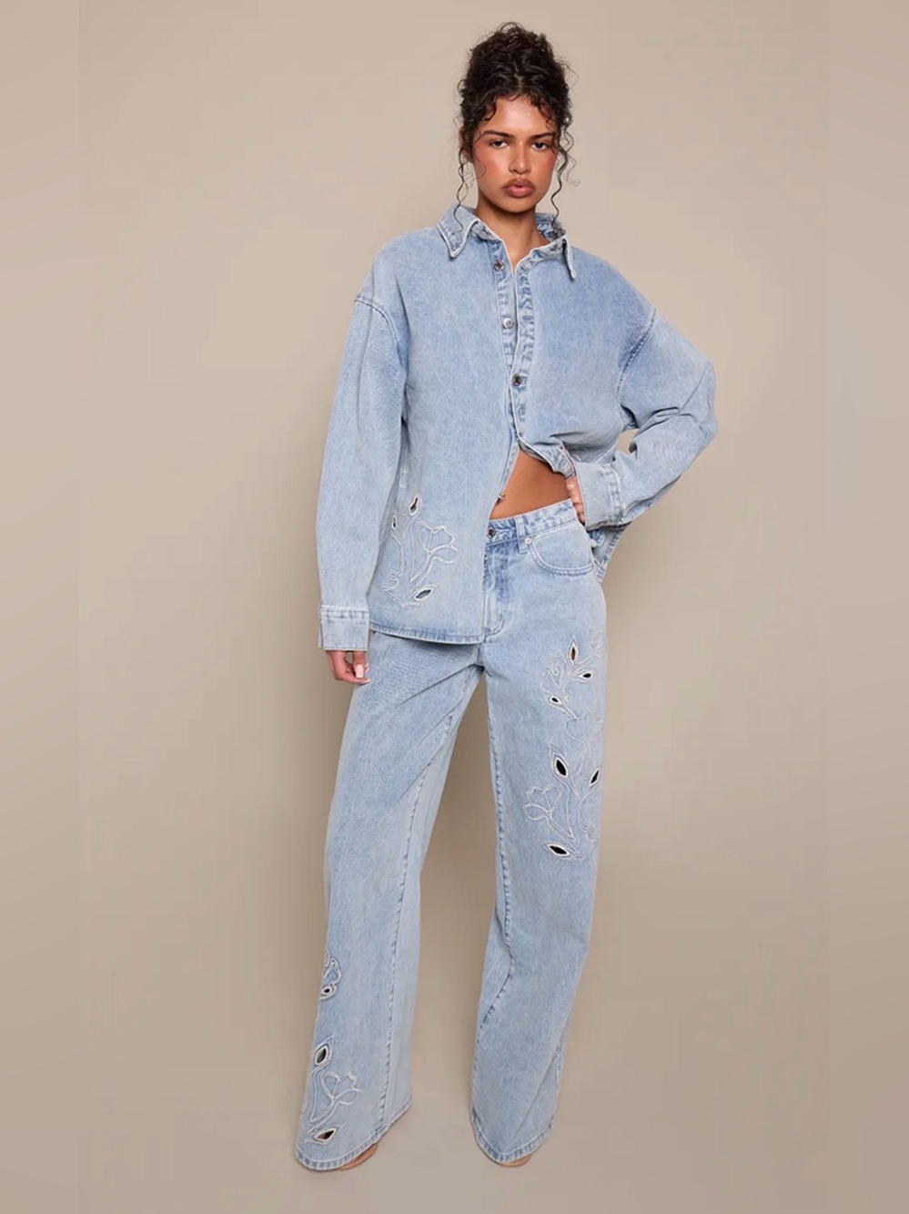 EMBROIDERY DETAIL WIDE LEG JEAN & BLOUSE